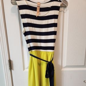 Navy, white striped dress